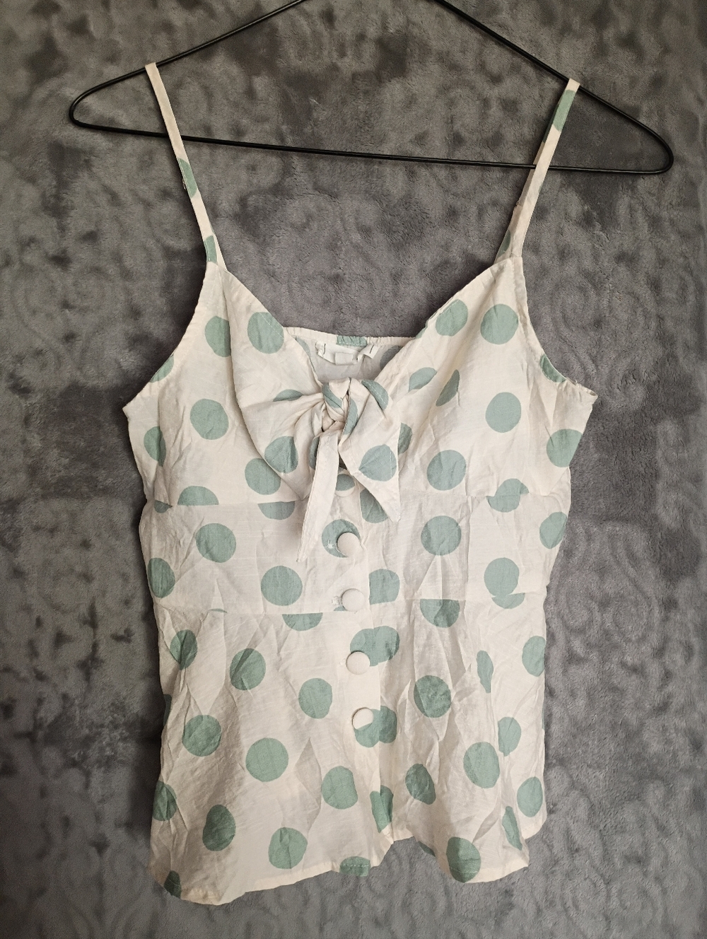 E & M Polka Dot Tie-Front Spaghetti Strap Top - White with Sage Green Dots